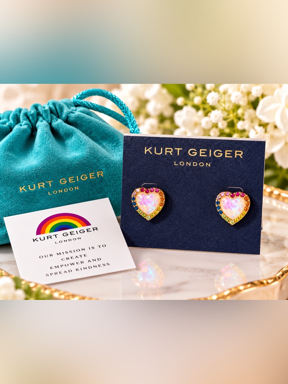 NWT Kurt Geiger Iridescent Rainbow Heart Stud Earrings Gold Tone